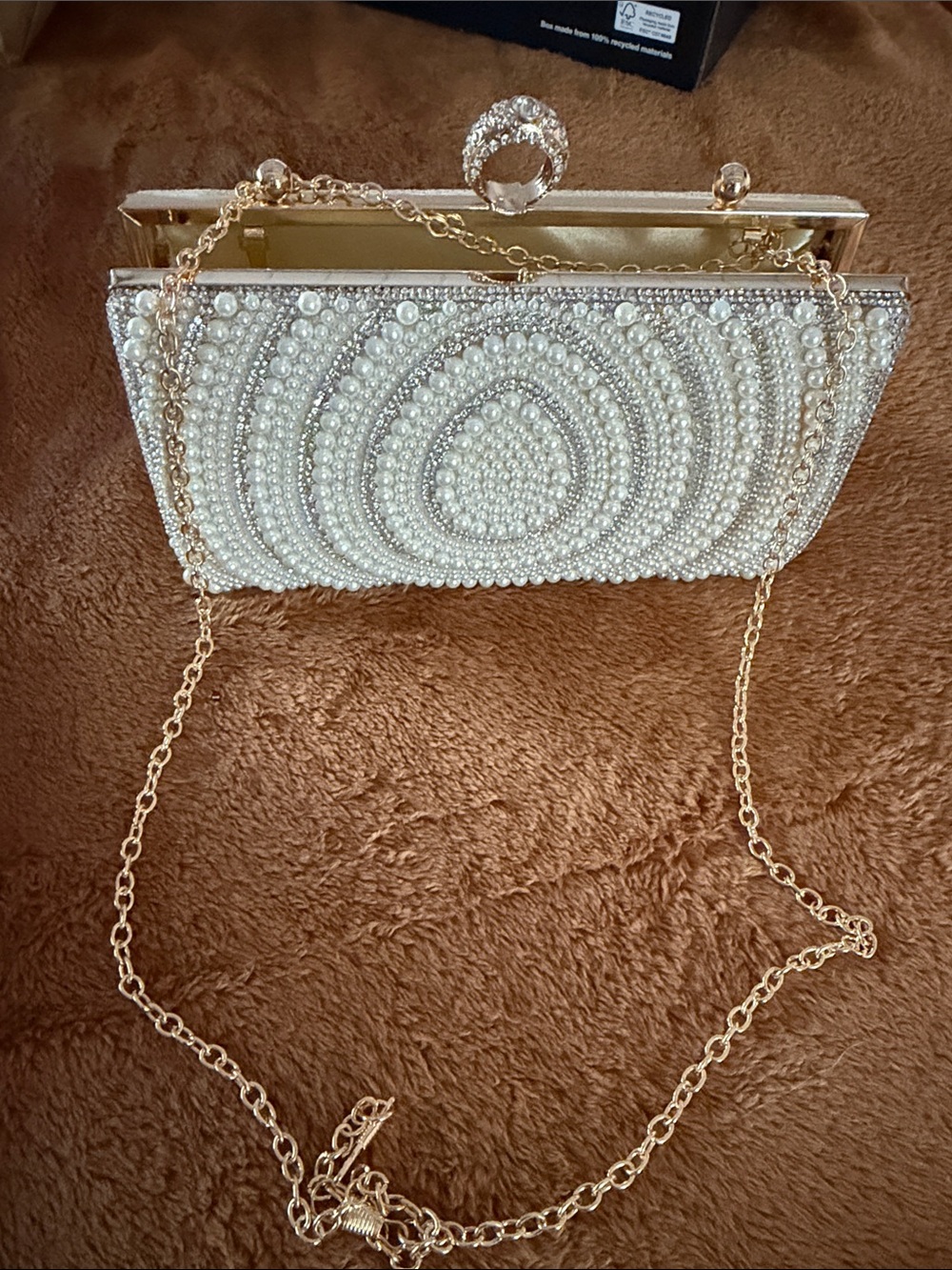 Pearl Beaded Ivory Evening Clutch with Gold Chain